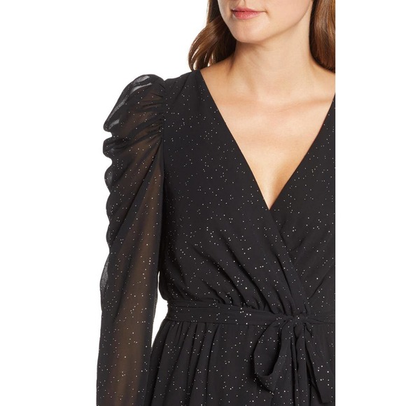 Eliza J Maxi Dress 6 Black Long Puff Sleeve Faux Wrap Studded Chiffon V-Neck - Picture 7 of 14